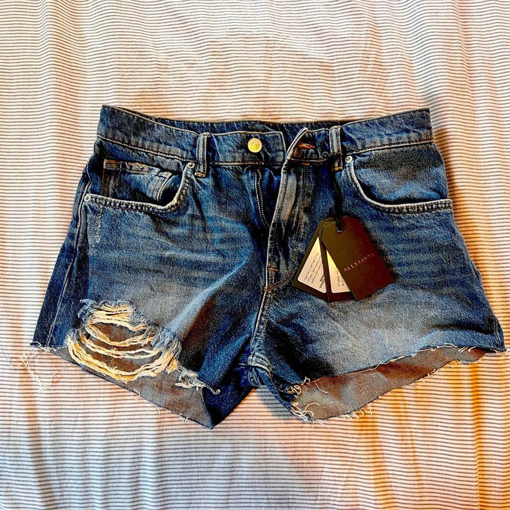 All Saints Distressed Denim Shorts Normal Waist Sexy Casual Style